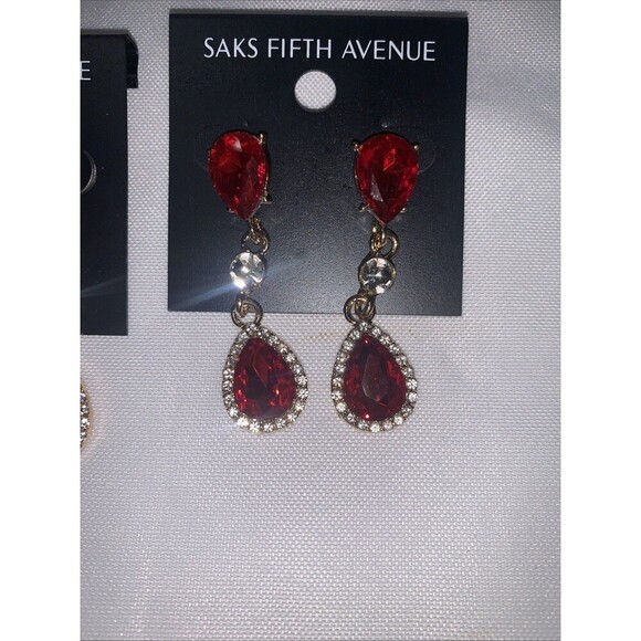 Bundle Of 2 Pairs- Saks Fifth Avenue Sparkly Dangle Statement Earrings Blue/ Red - Picture 4 of 5